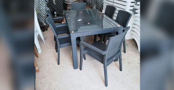 90x150 Rattan Camlı Masa Sandalye Takımı Gri