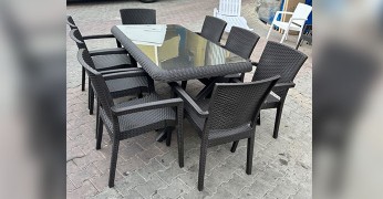 90x150 Rattan Camlı Masa Sandalye Takımı Siyah